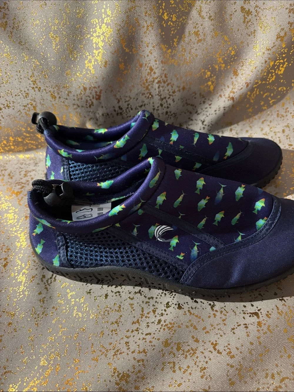 Kids Navy Water Shoes with Green Fish Print - Slip-On Aqua Socks